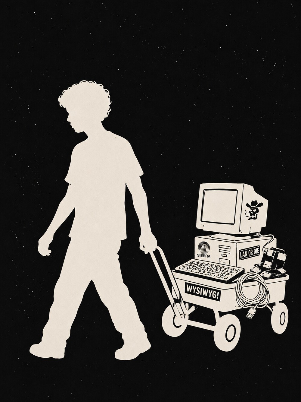 Kid hauling a wagon loaded with a SIERRA desktop computer, LAN OR DIE sticker, to a LAN party